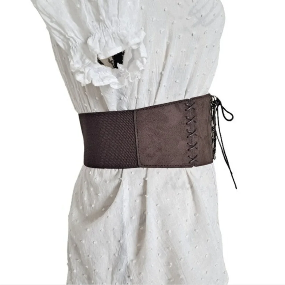 Western wide waist faux suede corset belt L/ XL dark brown boho lace up stretch